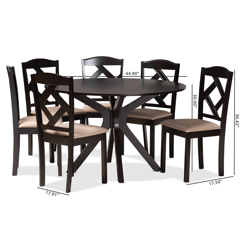Carlin Sand Fabric Upholstered and Dark Brown Finished Wood 7-Piece Dining Set. Picture 20