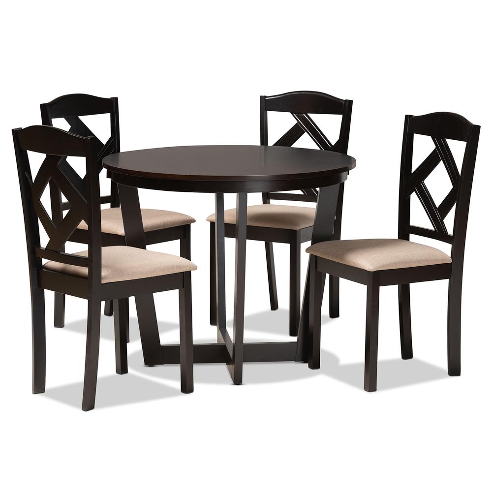 Morigan Sand Fabric Upholstered and Dark Brown Finished Wood 5-Piece Dining Set. Picture 11
