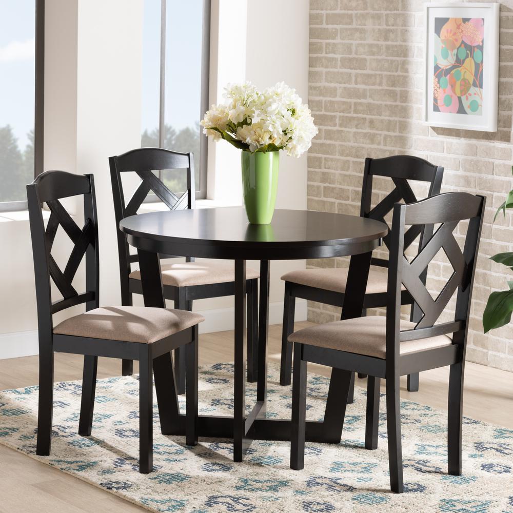 Morigan Sand Fabric Upholstered and Dark Brown Finished Wood 5-Piece Dining Set. Picture 18