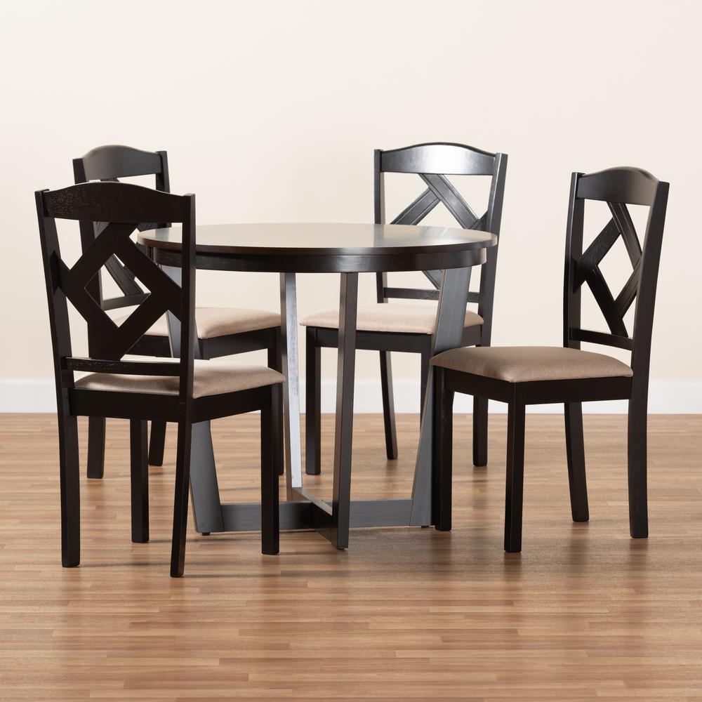 Morigan Sand Fabric Upholstered and Dark Brown Finished Wood 5-Piece Dining Set. Picture 19