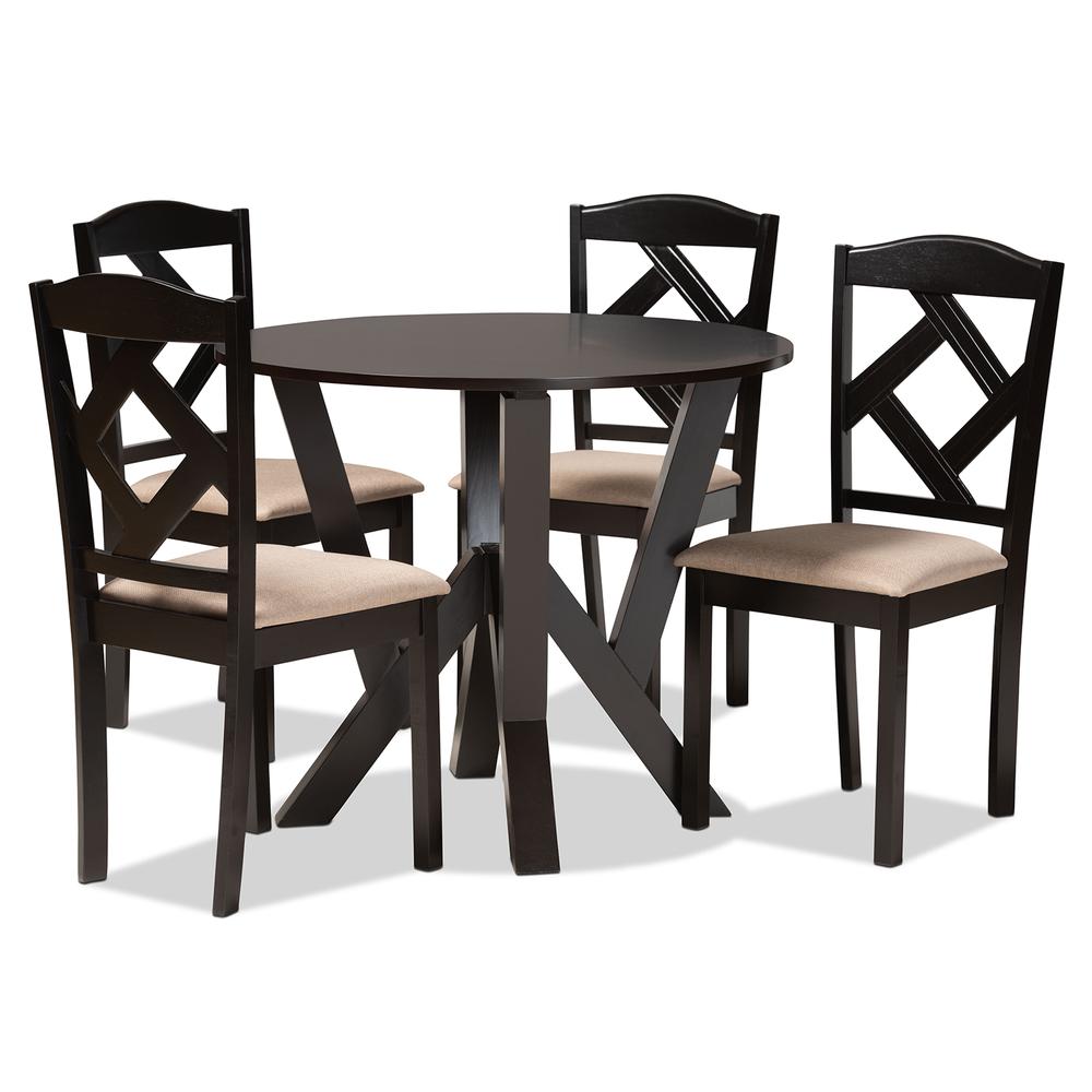 Riona Sand Fabric Upholstered and Dark Brown Finished Wood 5-Piece Dining Set. Picture 11