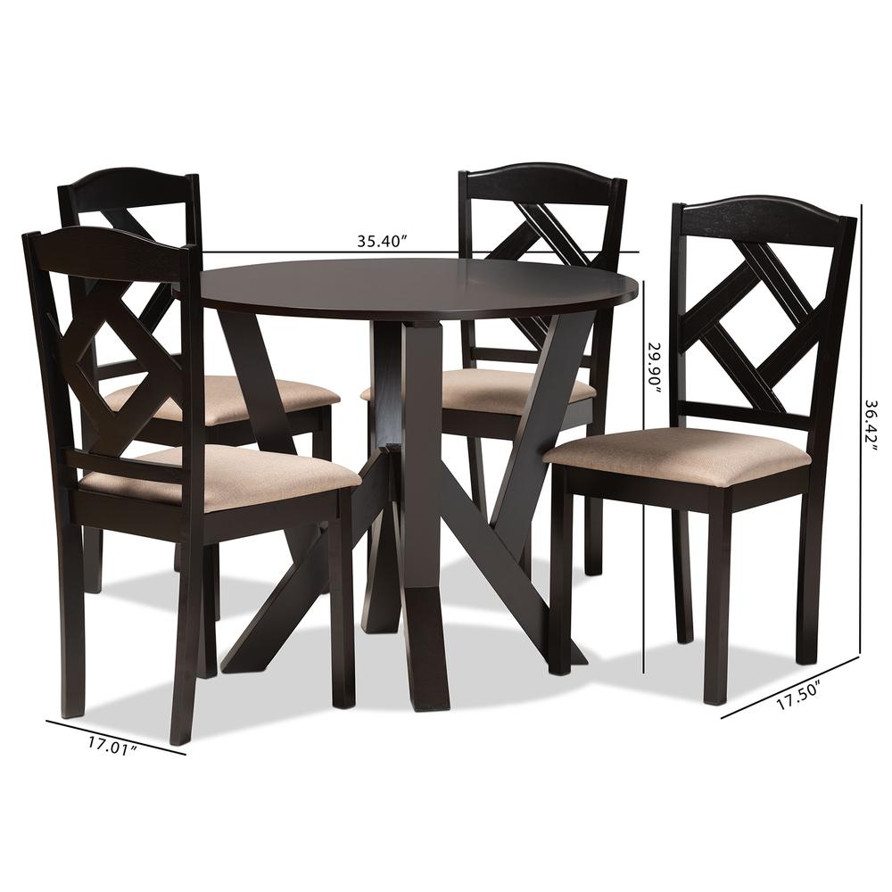 Riona Sand Fabric Upholstered and Dark Brown Finished Wood 5-Piece Dining Set. Picture 20