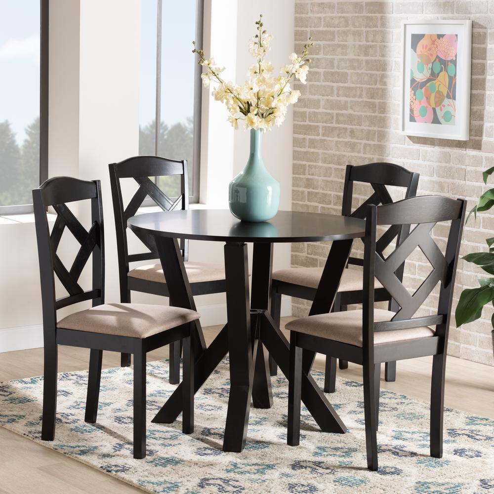Riona Sand Fabric Upholstered and Dark Brown Finished Wood 5-Piece Dining Set. Picture 18