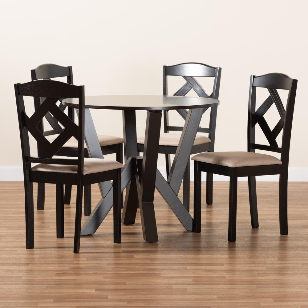 Riona Sand Fabric Upholstered and Dark Brown Finished Wood 5-Piece Dining Set. Picture 19