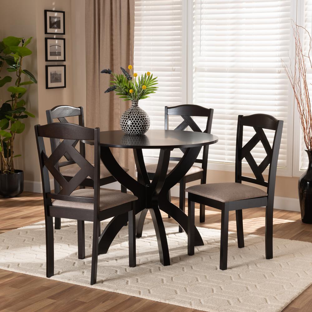 Sand Fabric Upholstered and Dark Brown Finished Wood 5-Piece Dining Set. Picture 16