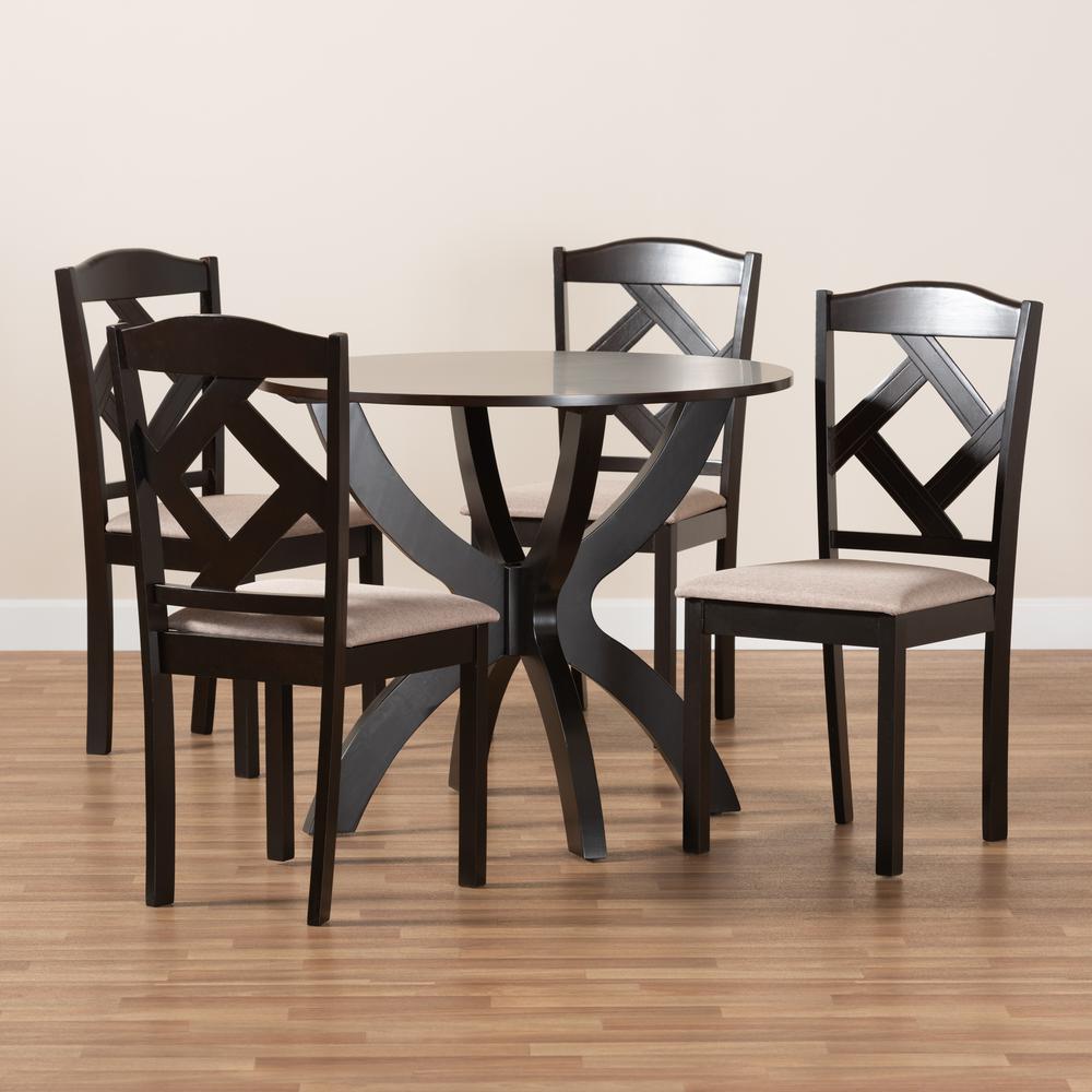 Sand Fabric Upholstered and Dark Brown Finished Wood 5-Piece Dining Set. Picture 17