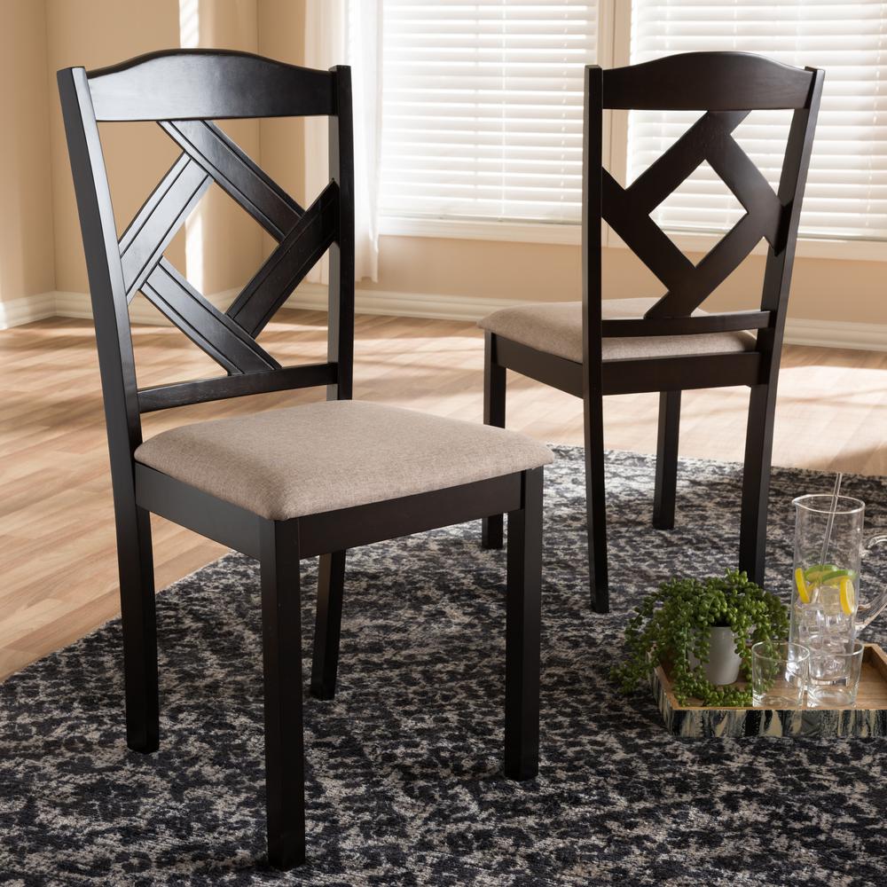 Beige Fabric Upholstered and Dark Brown Finished Dining Chair (Set of 2). Picture 12