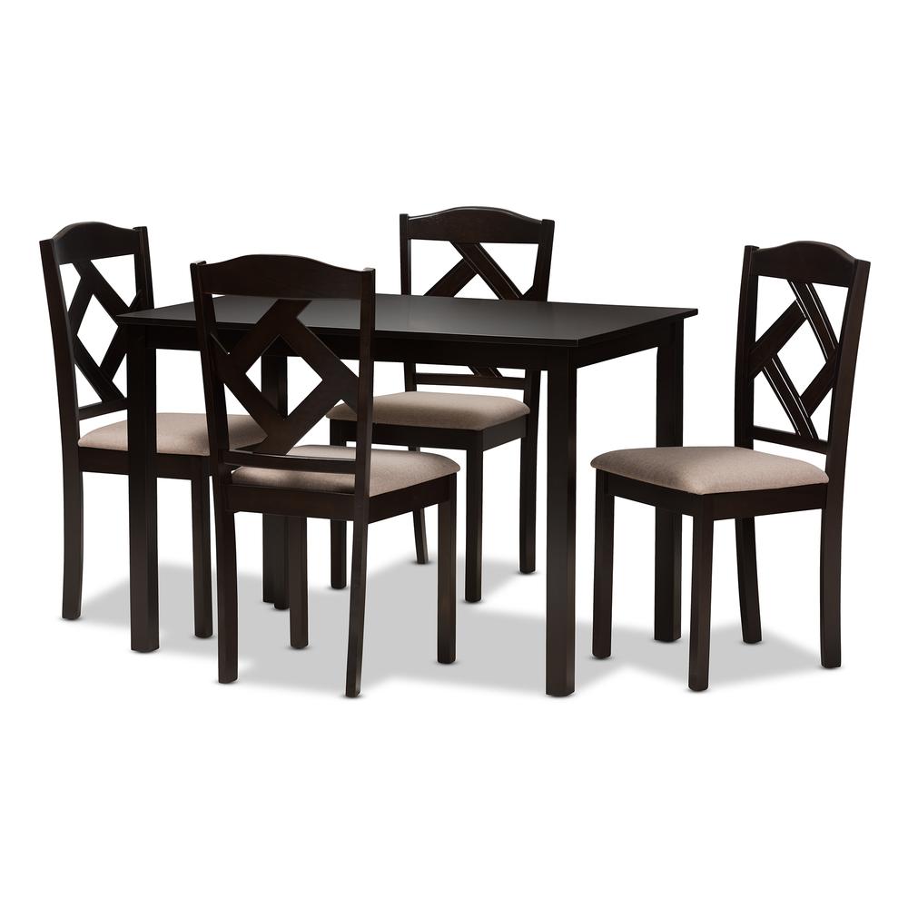 Beige Fabric Upholstered and Dark Brown Finished 5-Piece Dining Set. Picture 8