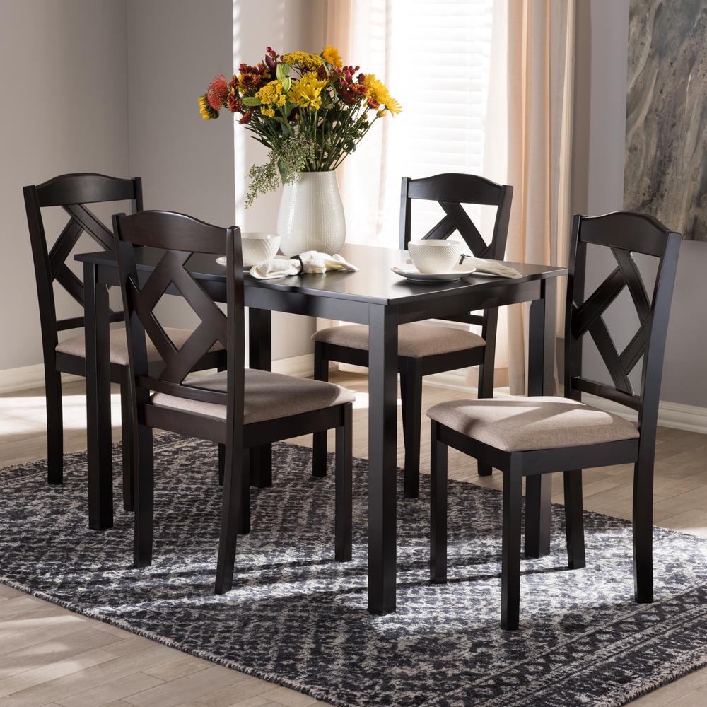 Beige Fabric Upholstered and Dark Brown Finished 5-Piece Dining Set. Picture 12