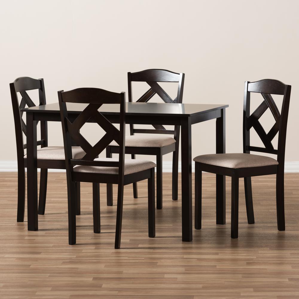 Beige Fabric Upholstered and Dark Brown Finished 5-Piece Dining Set. Picture 13