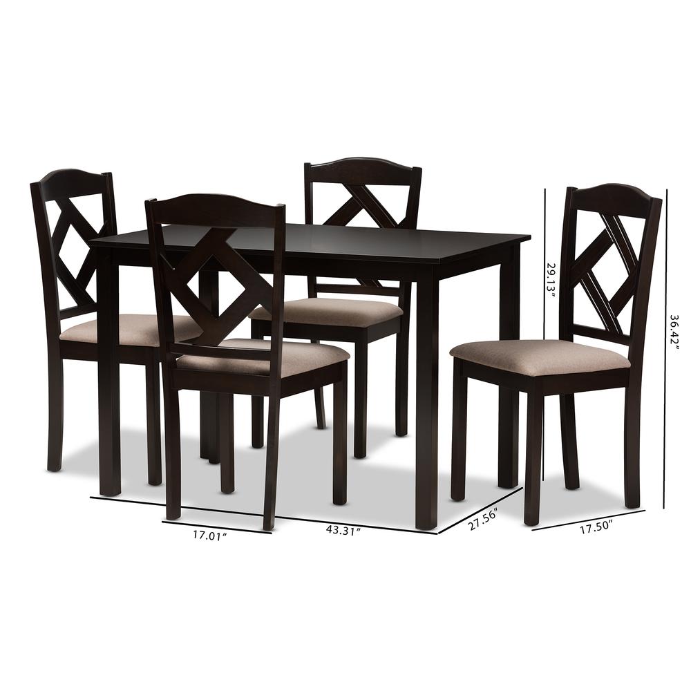 Beige Fabric Upholstered and Dark Brown Finished 5-Piece Dining Set. Picture 14