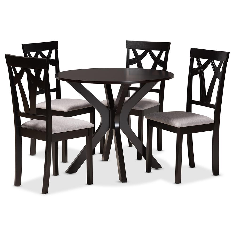 Grey Fabric Upholstered and Dark Brown Finished Wood 5-Piece Dining Set. Picture 11