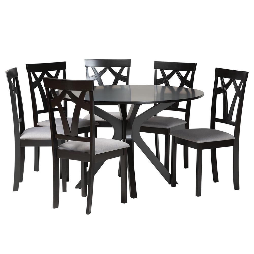 Luise Modern Grey Fabric and Dark Brown Finished Wood 7-Piece Dining Set. Picture 11