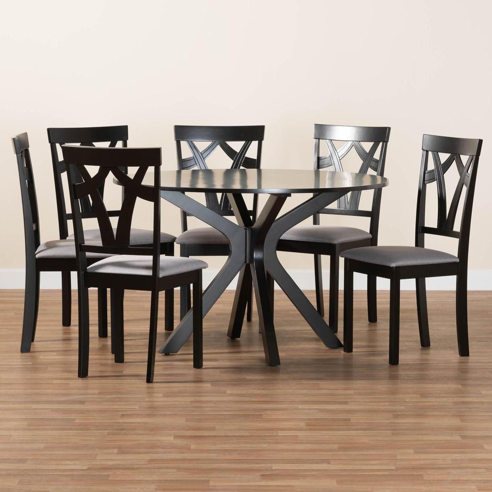 Luise Modern Grey Fabric and Dark Brown Finished Wood 7-Piece Dining Set. Picture 19