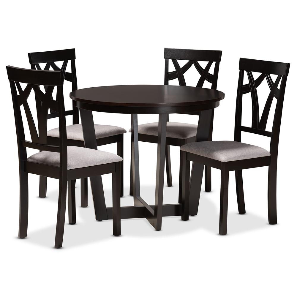 Grey Fabric Upholstered and Dark Brown Finished Wood 5-Piece Dining Set. Picture 11