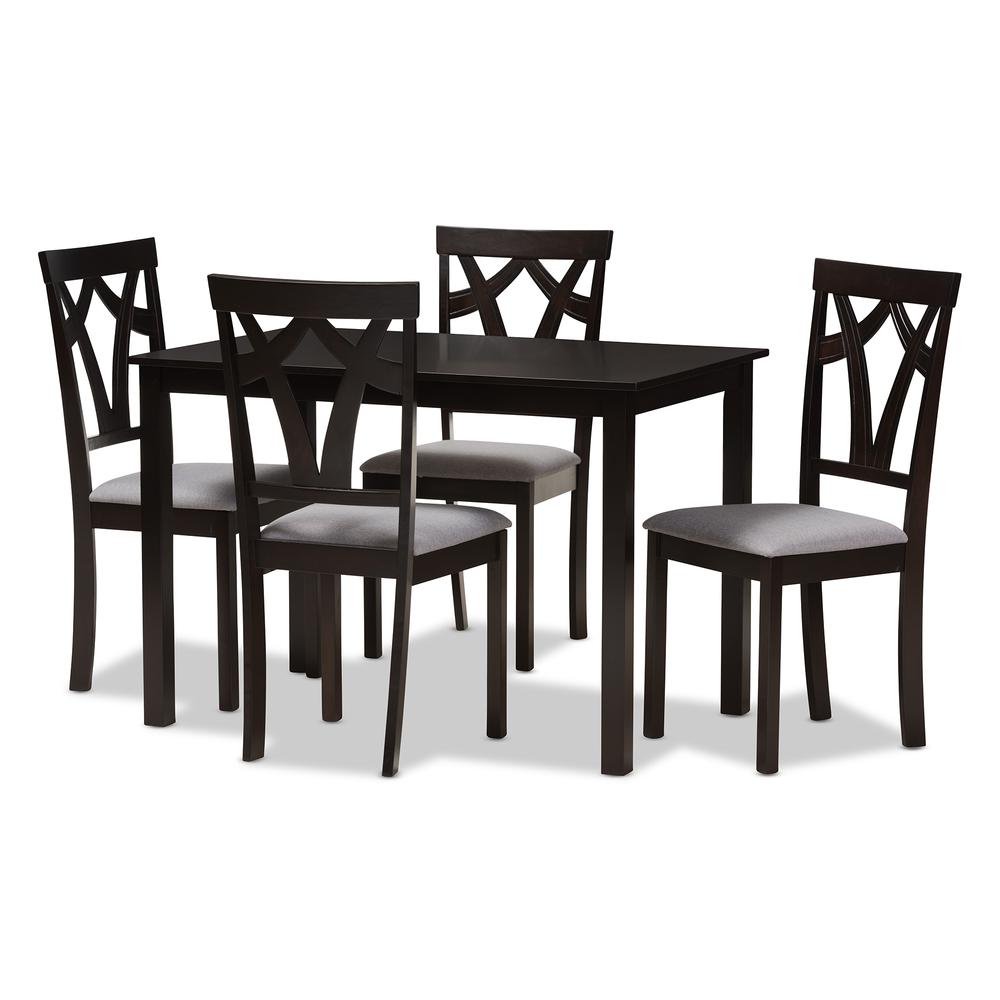Grey Fabric Upholstered and Dark Brown Finished 5-Piece Dining Set. Picture 8