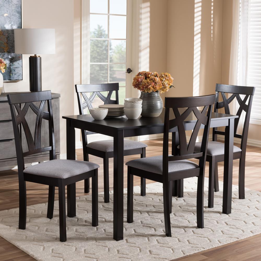 Grey Fabric Upholstered and Dark Brown Finished 5-Piece Dining Set. Picture 12