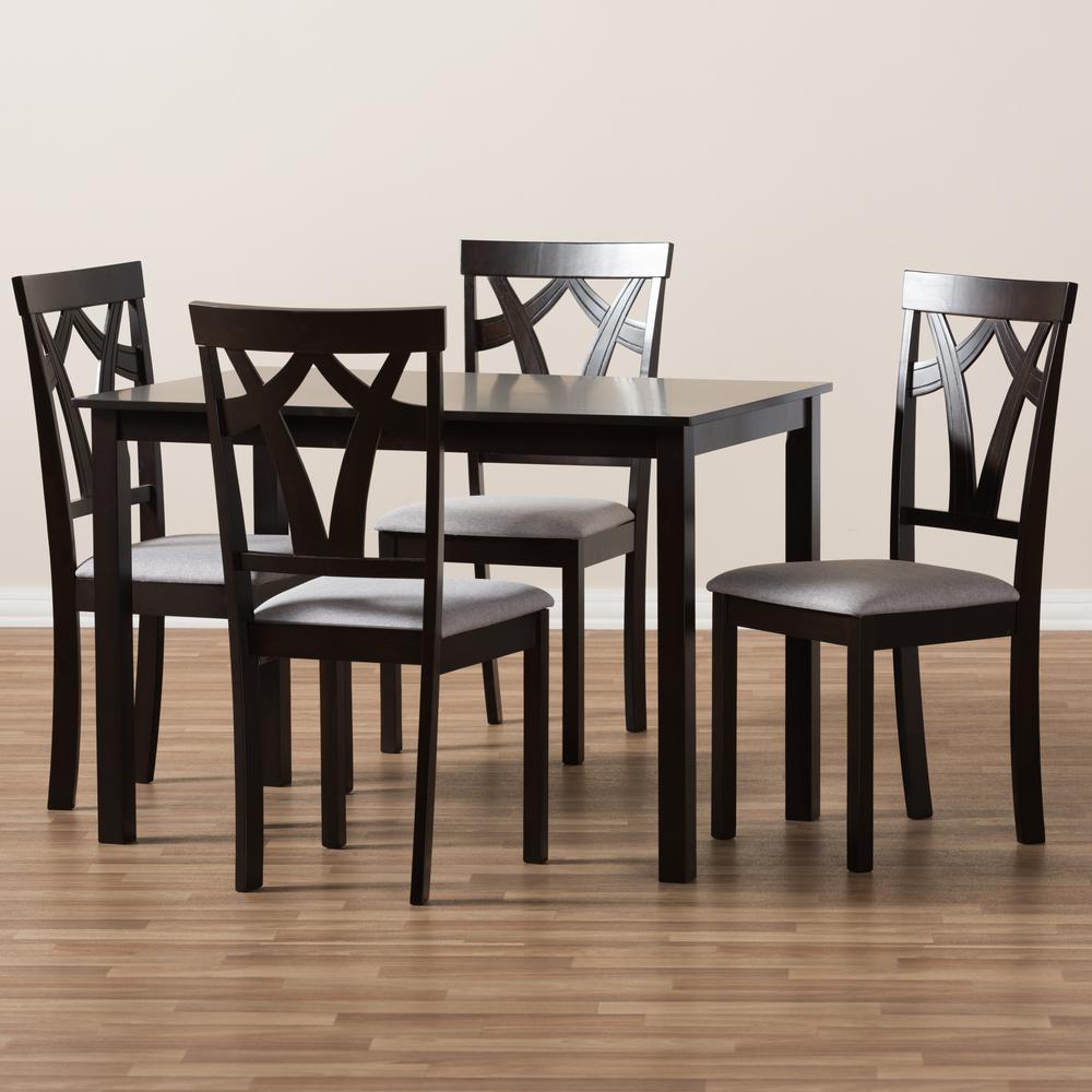 Grey Fabric Upholstered and Dark Brown Finished 5-Piece Dining Set. Picture 13