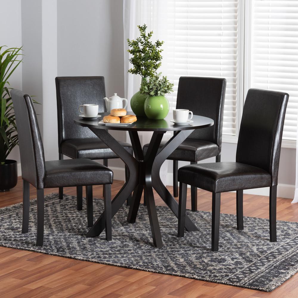 Asli Modern Espresso Brown Faux Leather and Wood 5-Piece Dining Set. Picture 18