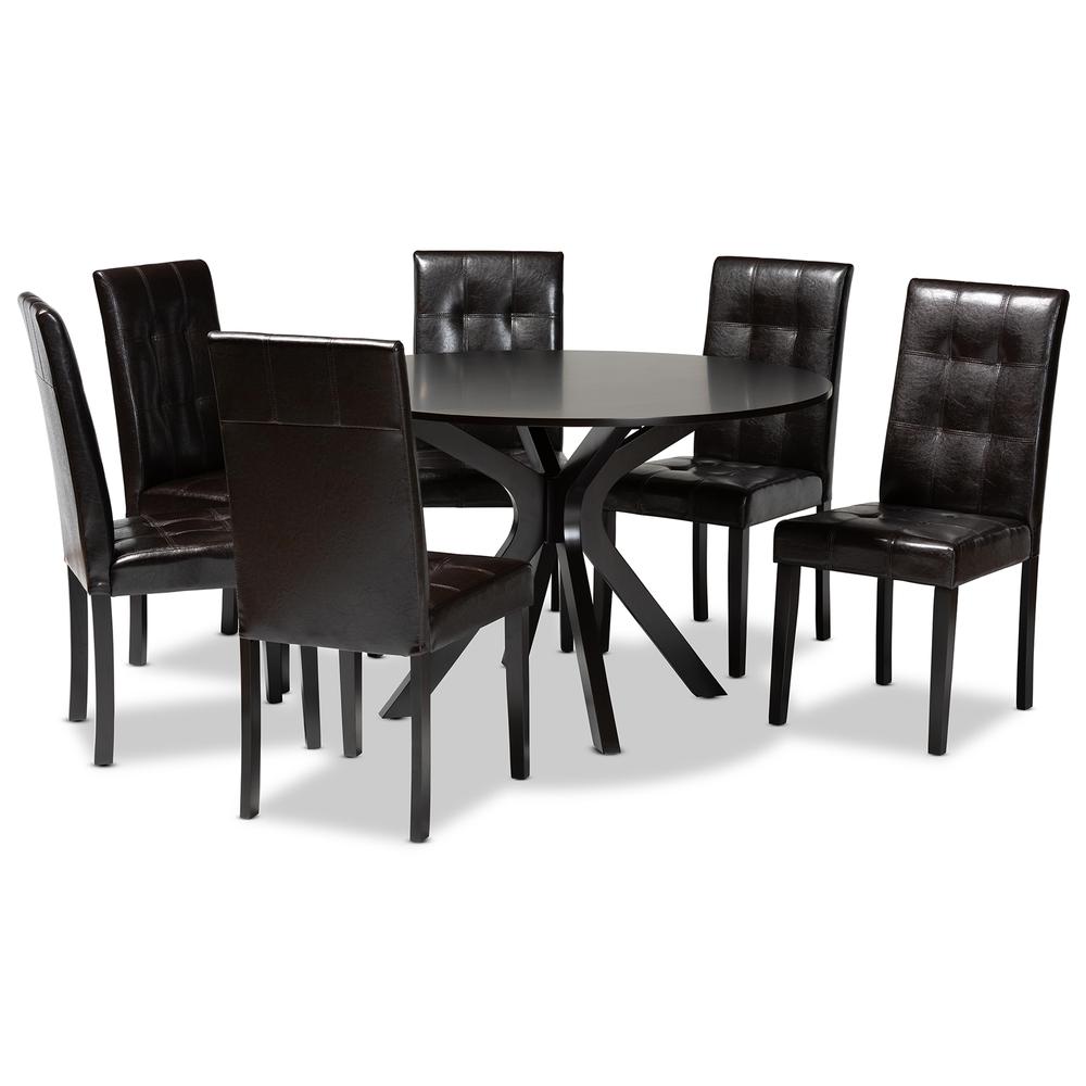 Leather Upholstered and Dark brown Finished Wood 7-Piece Dining Set. Picture 10
