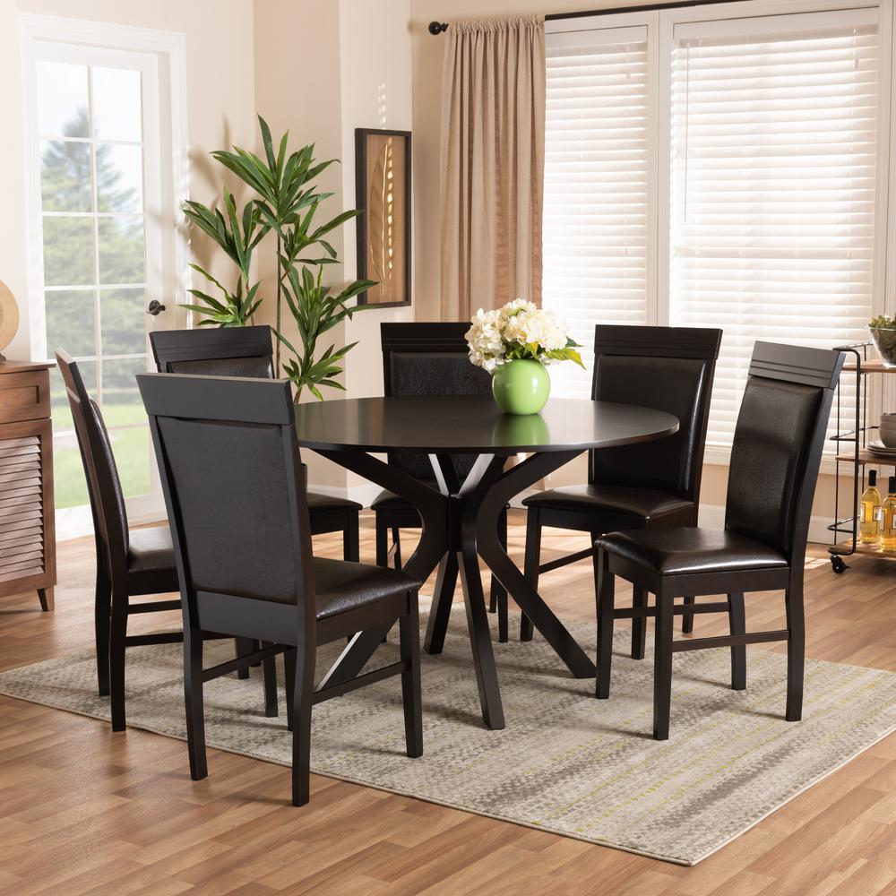 Leather Upholstered and Dark Brown Finished Wood 7-Piece Dining Set. Picture 16