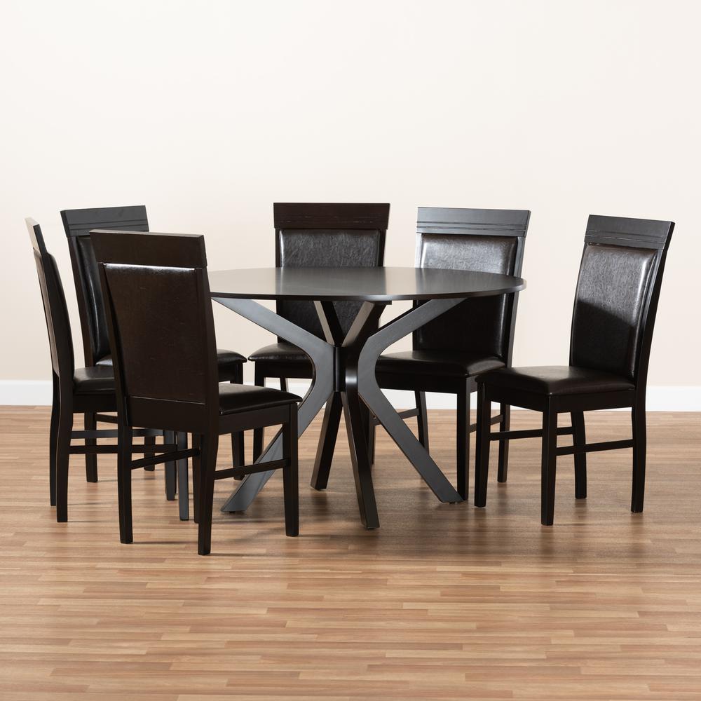 Leather Upholstered and Dark Brown Finished Wood 7-Piece Dining Set. Picture 17