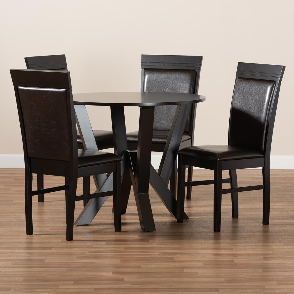 Leather Upholstered and Dark Brown Finished Wood 5-Piece Dining Set. Picture 17