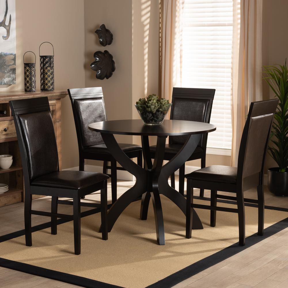 Leather Upholstered and Dark Brown Finished Wood 5-Piece Dining Set. Picture 16