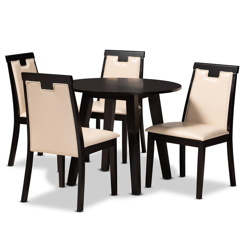 Beige Faux Leather Upholstered and Dark Brown Finished Wood 5-Piece Dining Set. Picture 10