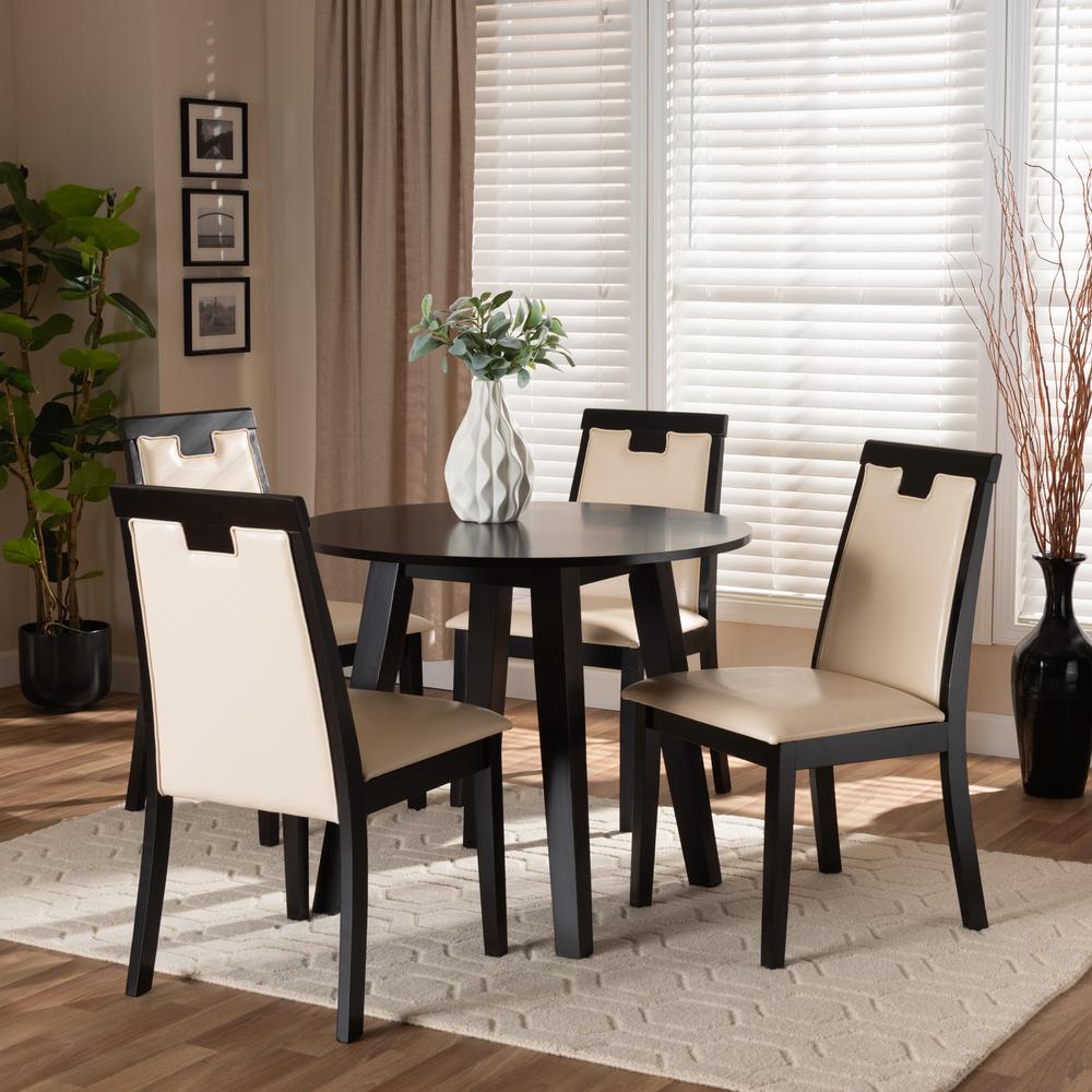 Beige Faux Leather Upholstered and Dark Brown Finished Wood 5-Piece Dining Set. Picture 16