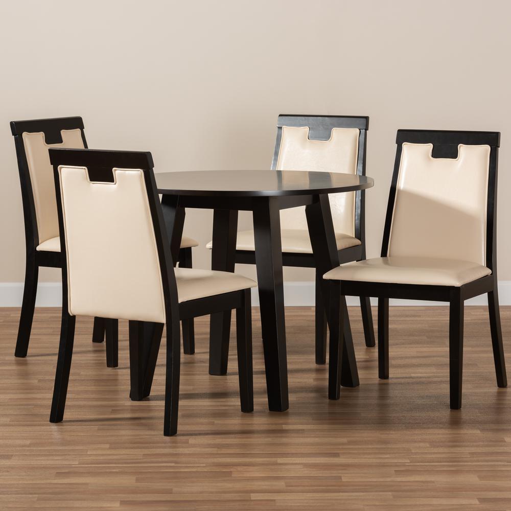 Beige Faux Leather Upholstered and Dark Brown Finished Wood 5-Piece Dining Set. Picture 17