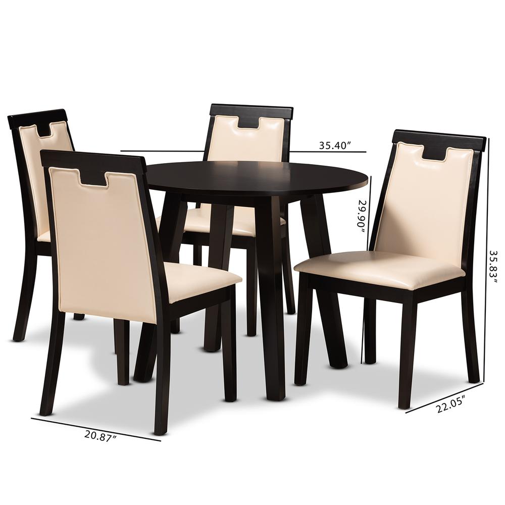 Beige Faux Leather Upholstered and Dark Brown Finished Wood 5-Piece Dining Set. Picture 18