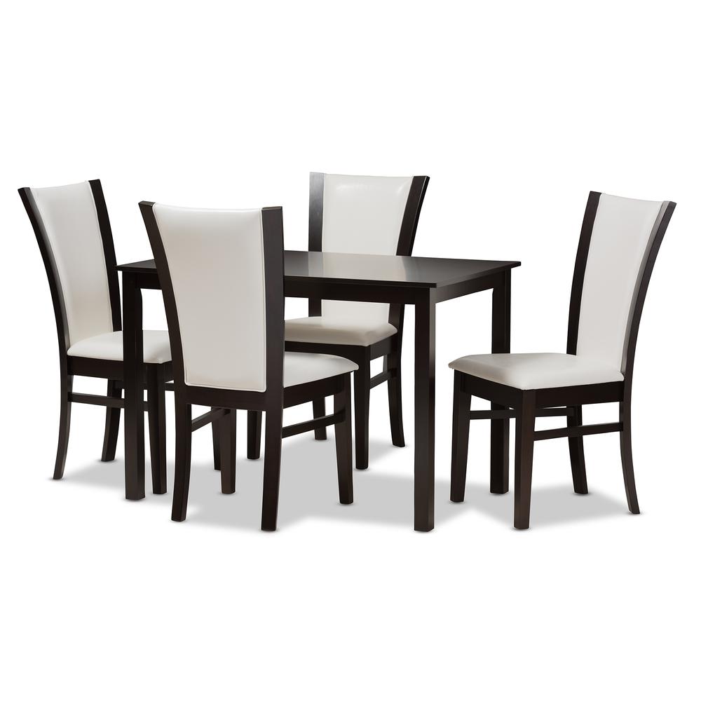 5-Piece Dark Brown Finished White Faux Leather Dining Set. Picture 8