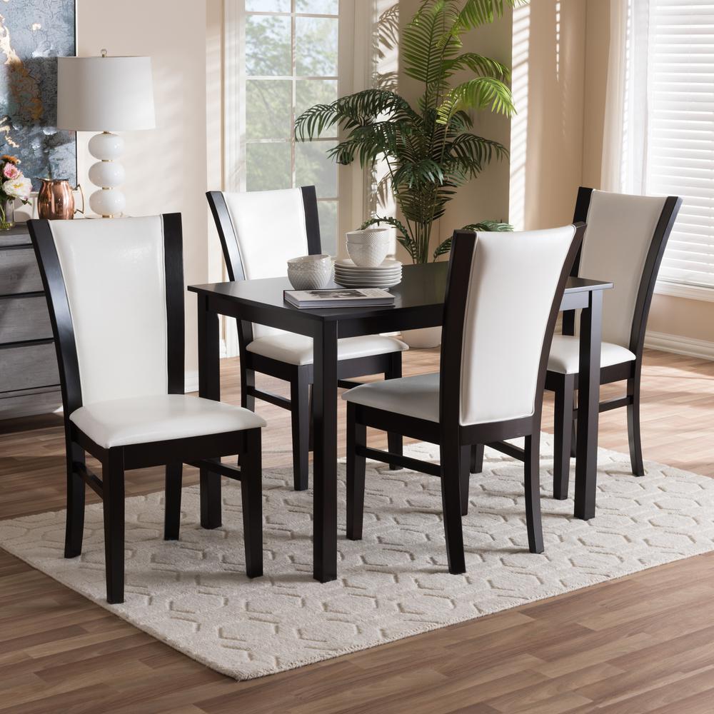 5-Piece Dark Brown Finished White Faux Leather Dining Set. Picture 12