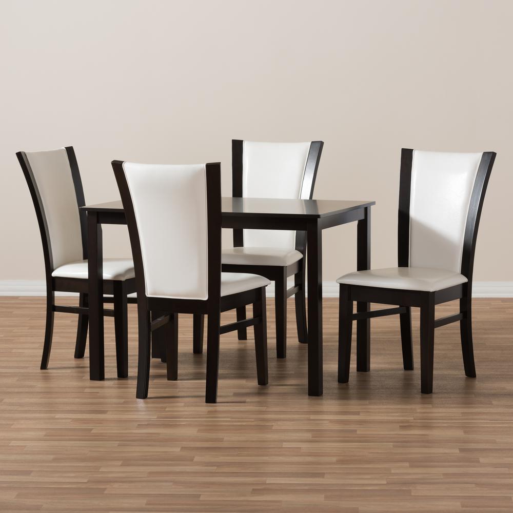 5-Piece Dark Brown Finished White Faux Leather Dining Set. Picture 13
