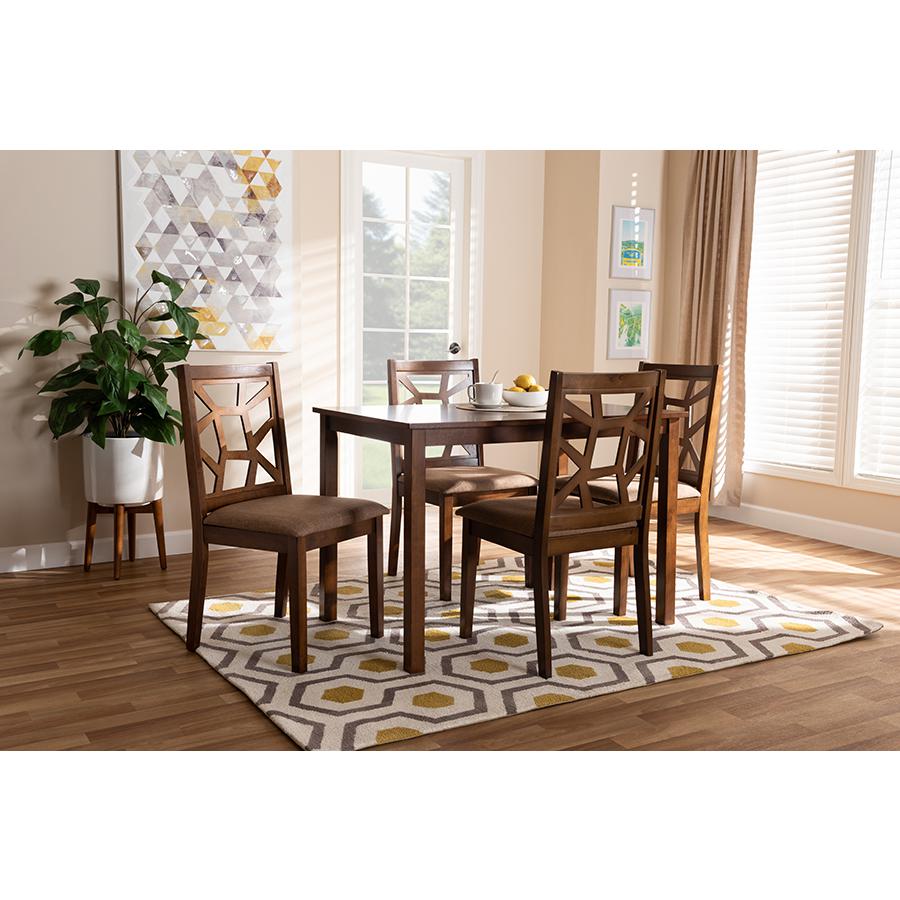 Baxton Studio Abilene Mid-Century Light Brown Fabric Upholstered and Walnut Brown Finished 5-Piece Wood Dining Set. Picture 6