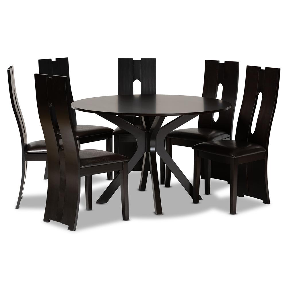Leather Upholstered and Dark Brown Finished Wood 7-Piece Dining Set. Picture 10