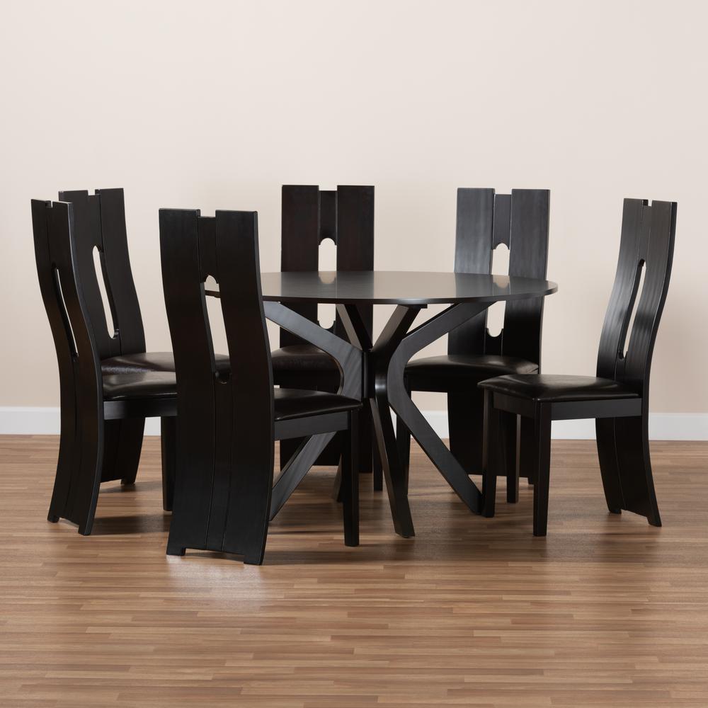 Leather Upholstered and Dark Brown Finished Wood 7-Piece Dining Set. Picture 17