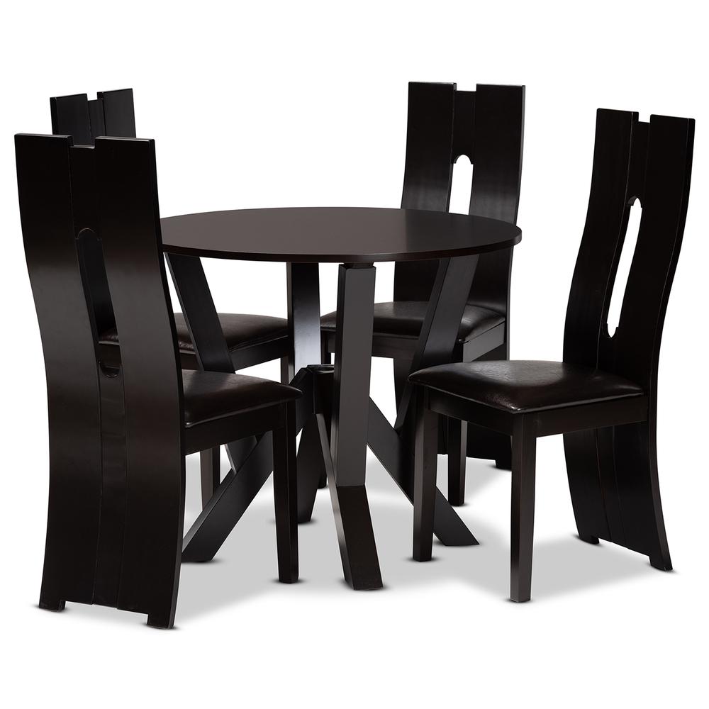 Leather Upholstered and Dark Brown Finished Wood 5-Piece Dining Set. Picture 10