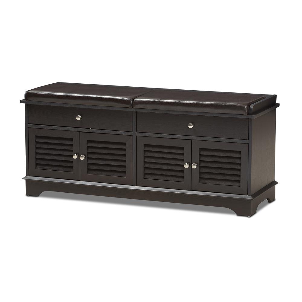 Leo Modern and Contemporary Dark Brown Wood 2-Drawer Shoe Storage Bench. Picture 11