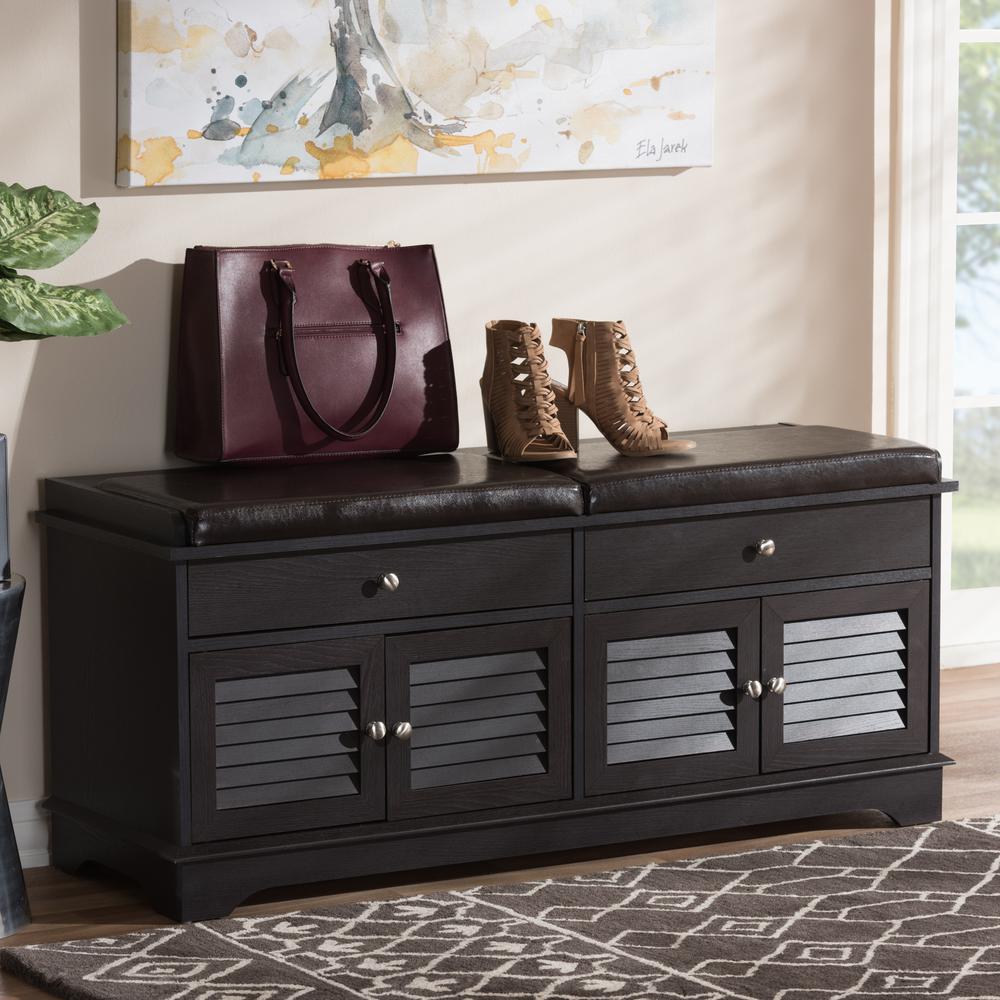 Leo Modern and Contemporary Dark Brown Wood 2-Drawer Shoe Storage Bench. Picture 17