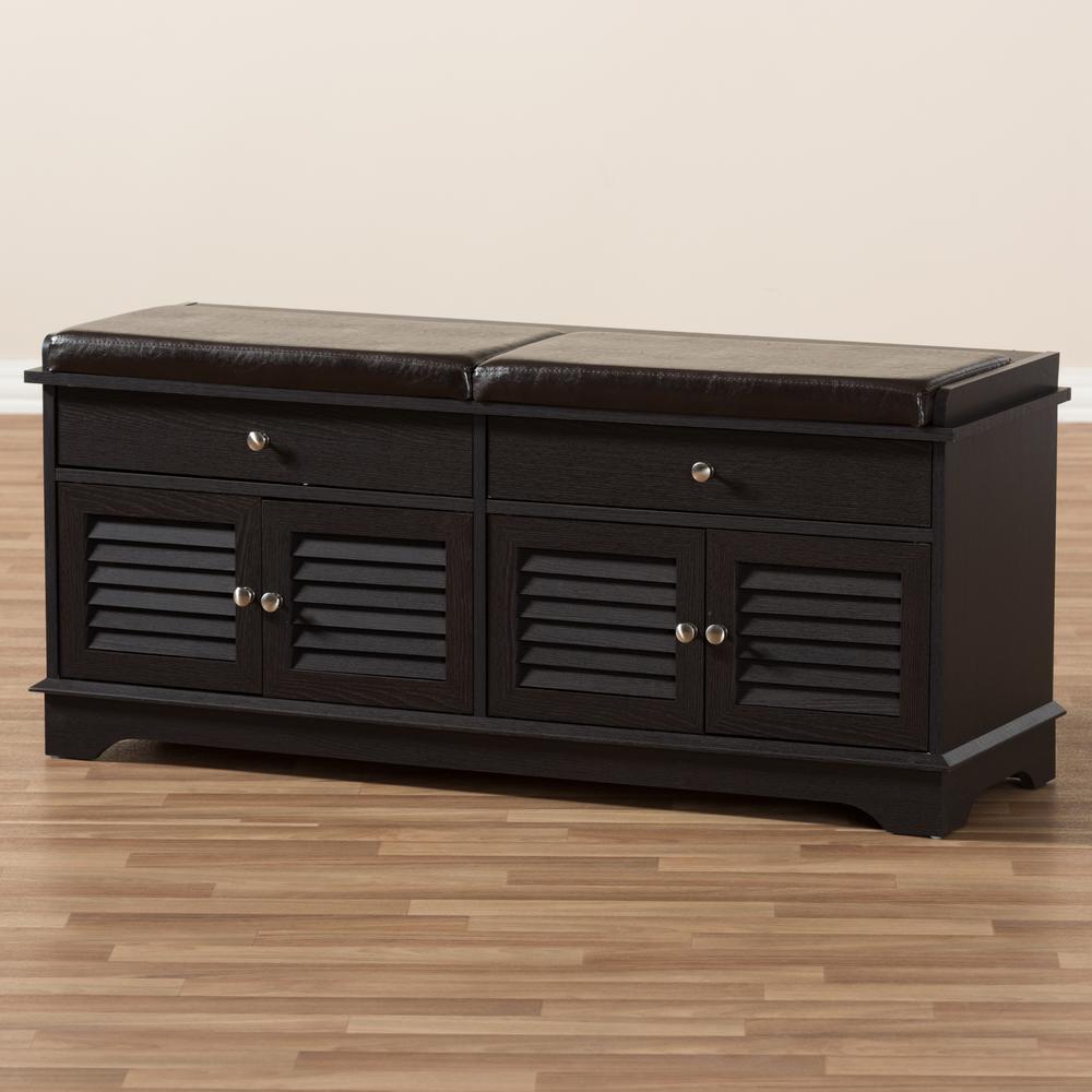 Leo Modern and Contemporary Dark Brown Wood 2-Drawer Shoe Storage Bench. Picture 19