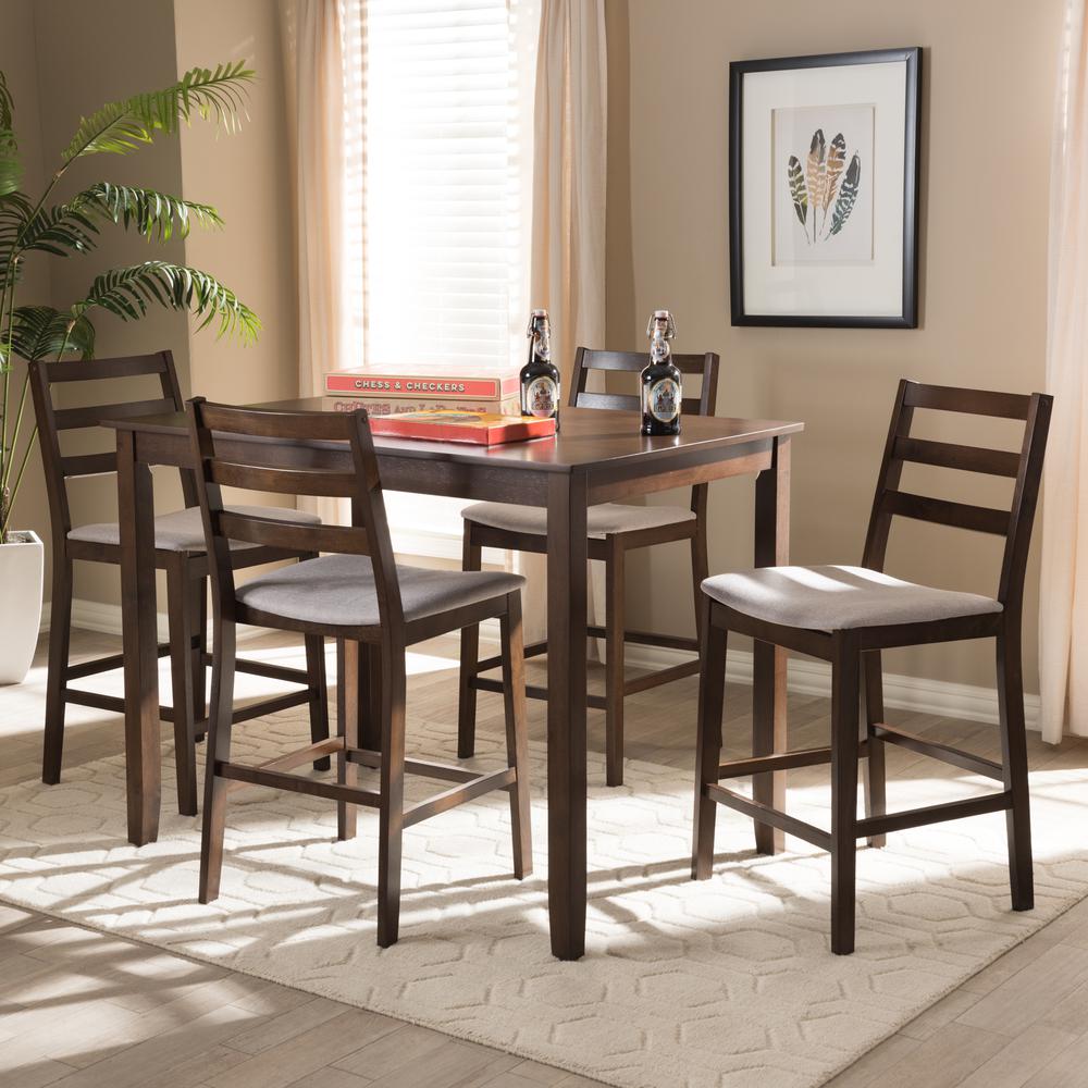 Walnut-Finished Light Grey Fabric Upholstered 5-Piece Pub Set. Picture 10