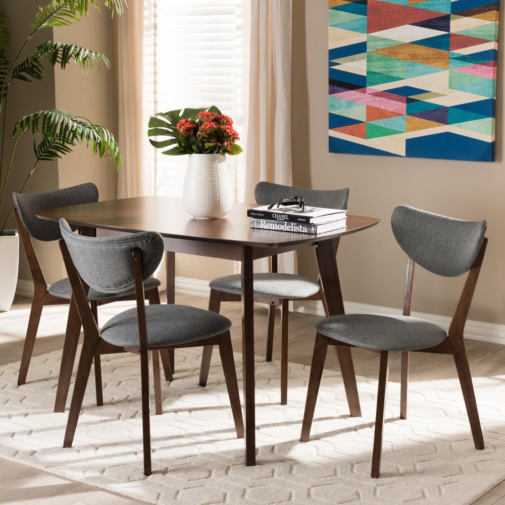 Walnut-Finished Dark Grey Fabric Upholstered 5-Piece Dining Set. Picture 10