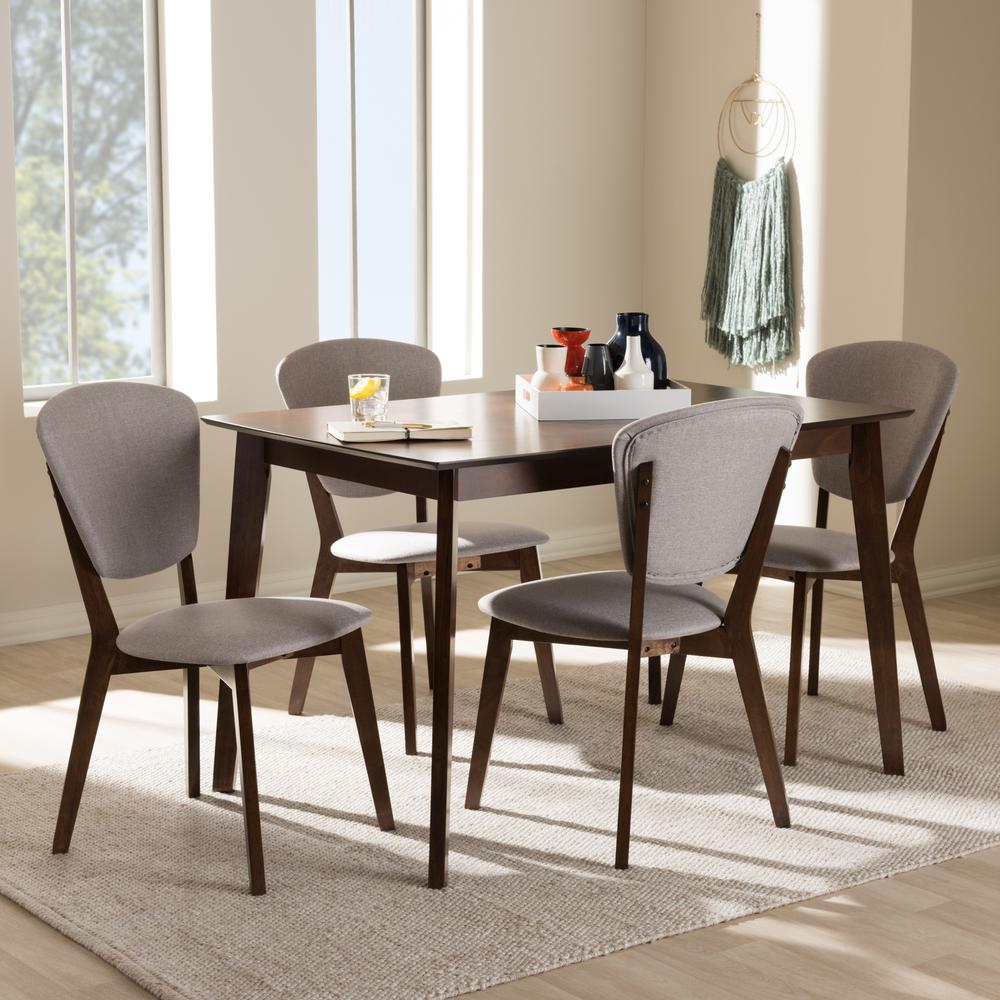 Walnut-Finished Light Grey Fabric Upholstered 5-Piece Dining Set. Picture 10