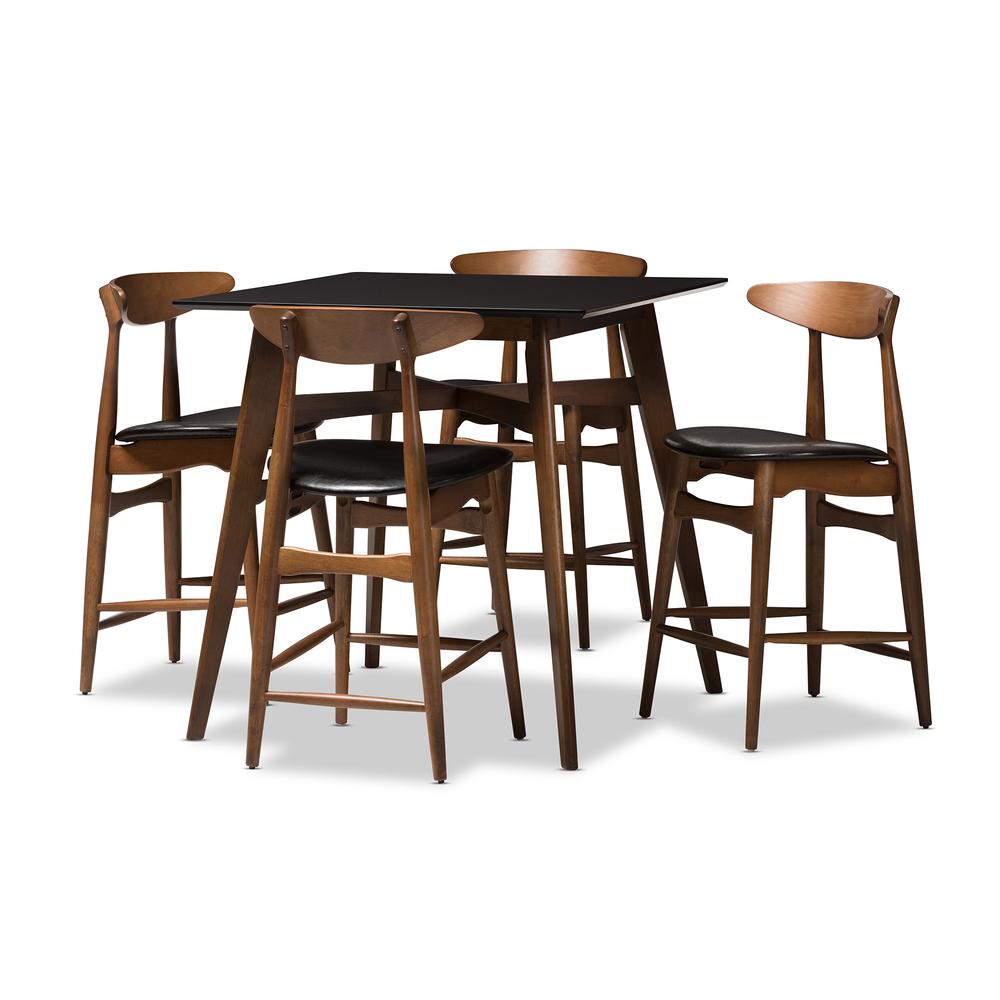 Black Faux-Leather Upholstered Walnut Finished 5-Piece Pub Set. Picture 7