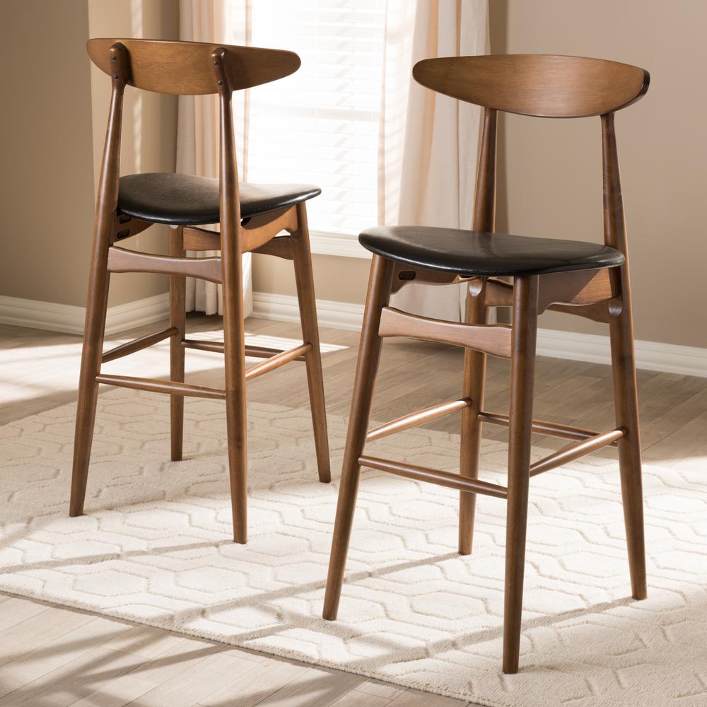 Flora Mid-Century Modern Black Faux Leather Upholstered Walnut Finished Bar Stool Set. Picture 7