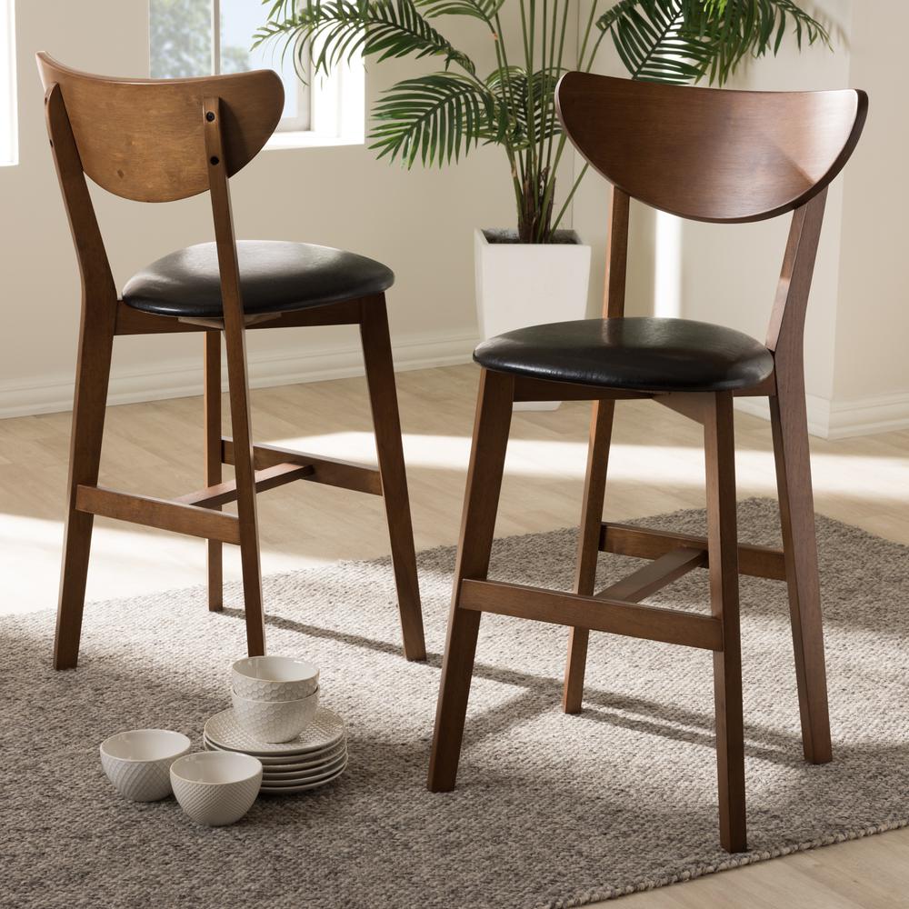 Eline Mid-Century Modern Black Faux Leather Upholstered Walnut Finished Counter Stool Set. Picture 7
