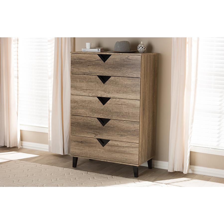 Wales Modern and Contemporary Light Brown Wood 5-Drawer Chest. Picture 9