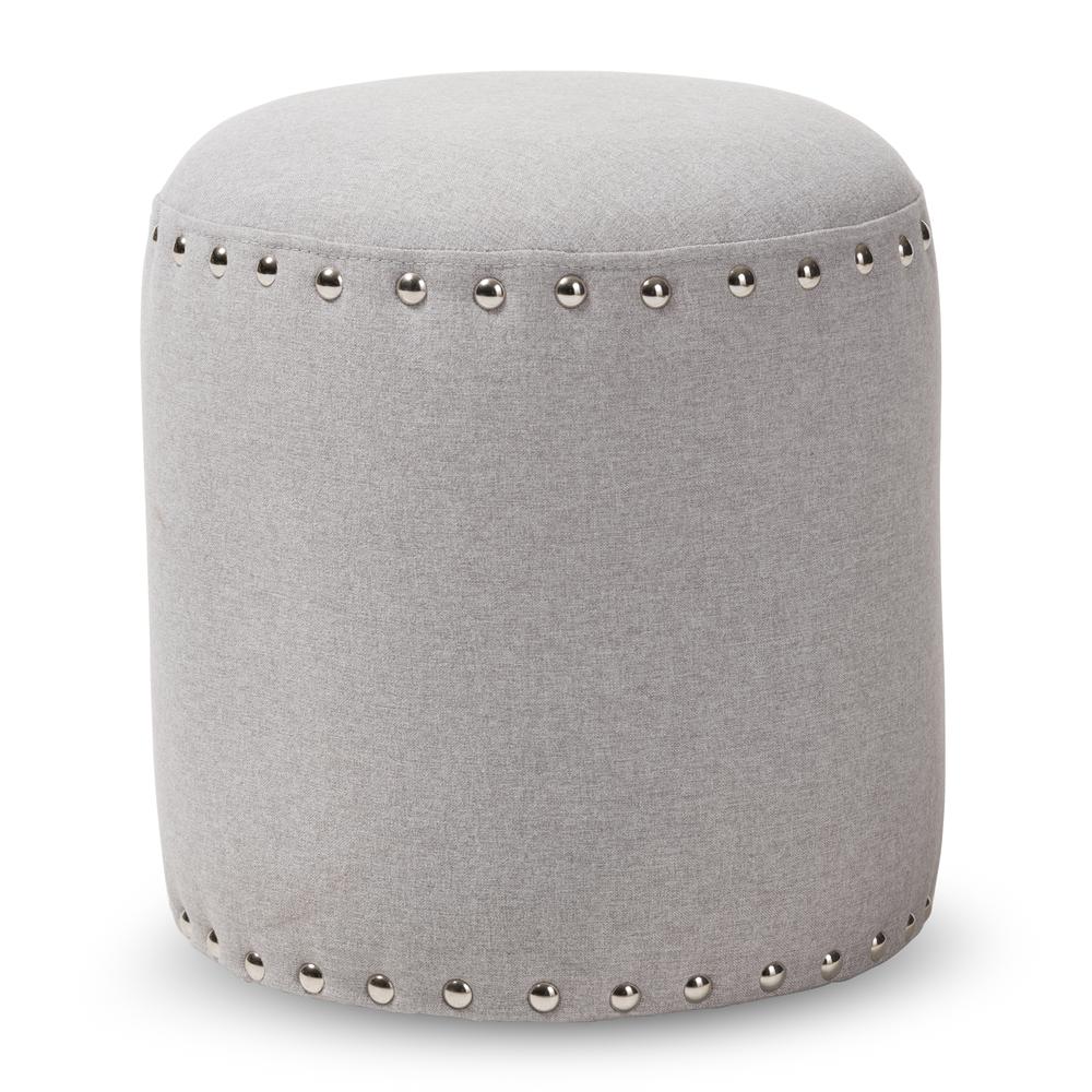 Rosine Modern and Contemporary Light Grey Fabric Upholstered Nail Trim Ottoman. Picture 6